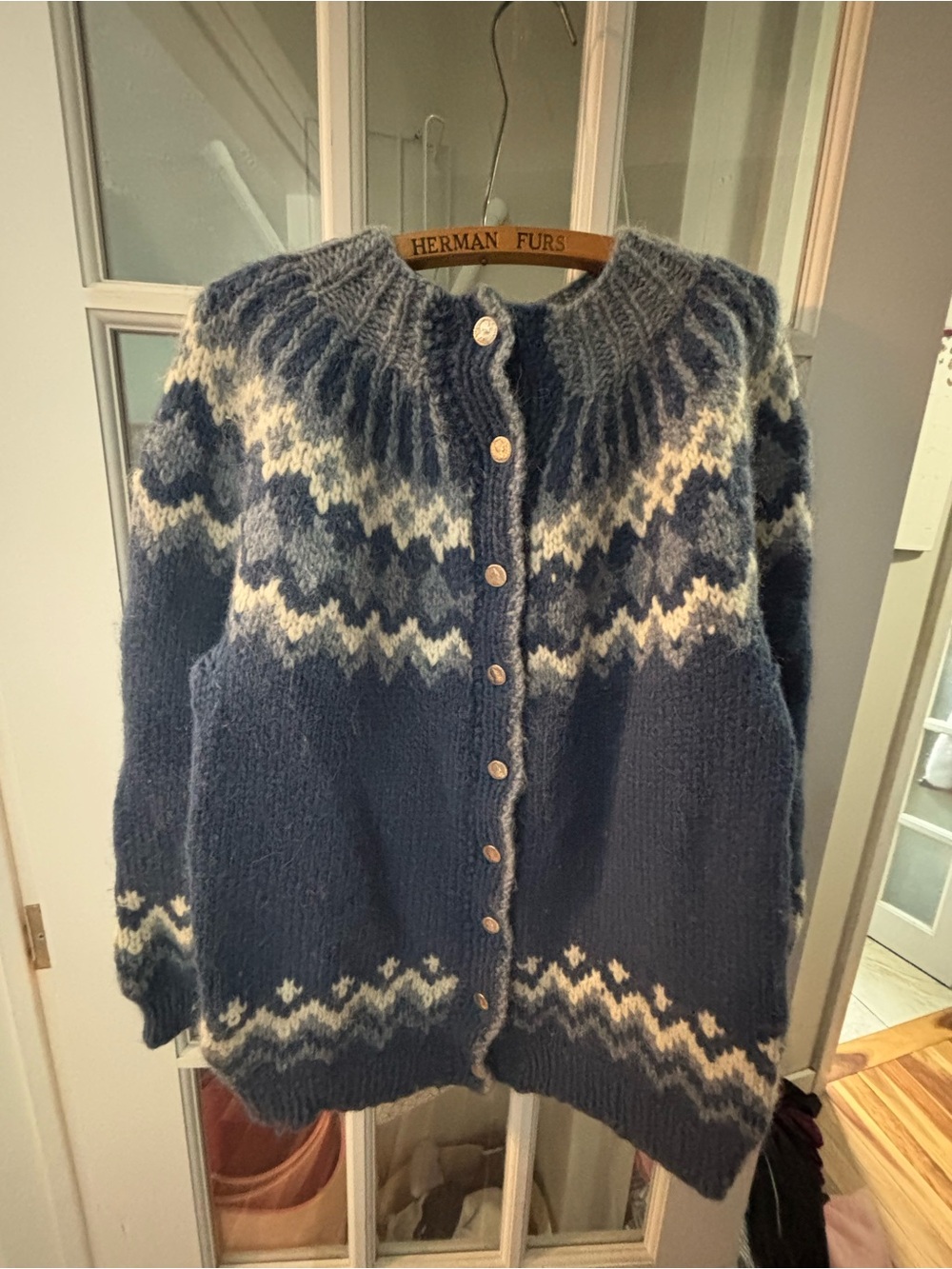 Vintage 80s Classic Nordic Knit Cardigan Sweater - Blue and Cream 100% wool